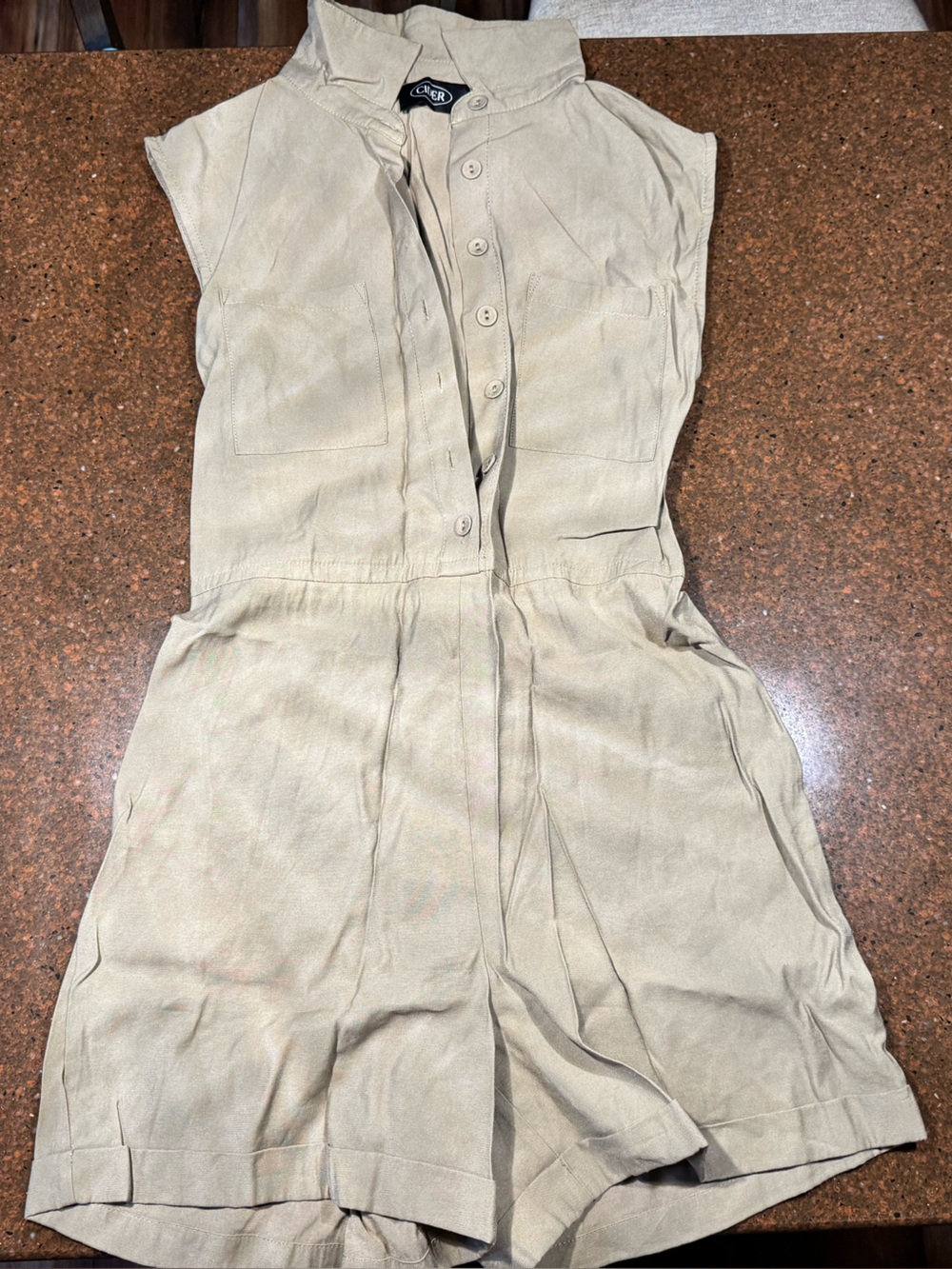 Cider Sleeveless Tan Romper with Button Front